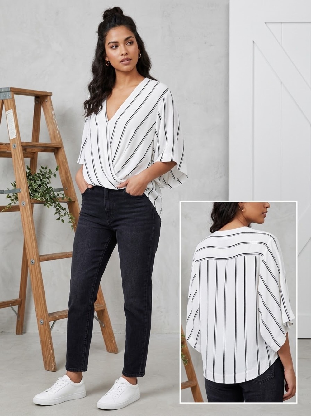 Free People White Striped Wrap Top
